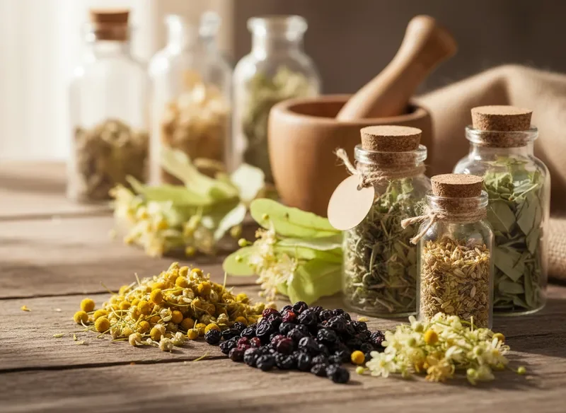 Traditional Baltic herbal remedies and botanical ingredients in apothecary jars