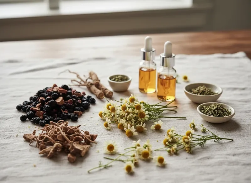 Carefully curated botanical herbs and natural remedies arranged on linen