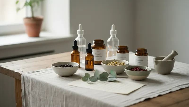 A calming still-life of natural remedies, herbs, and wellness supplements arranged on a linen surface