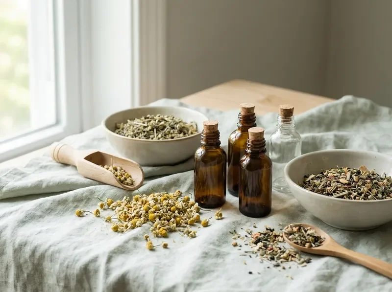 Curated natural remedies including dried herbs and botanical tinctures