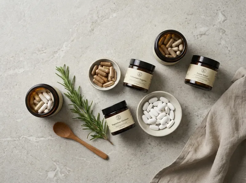 High-quality dietary supplements and vitamins in amber apothecary jars