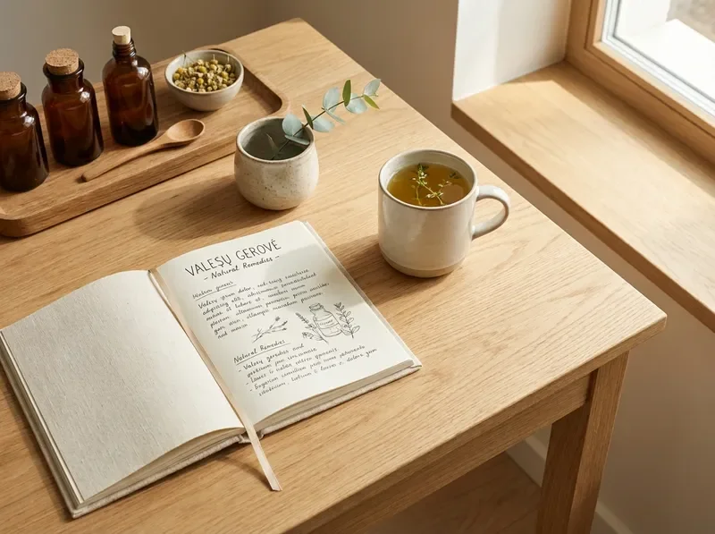 Holistic wellness lifestyle with herbal tea, journal, and natural plant elements