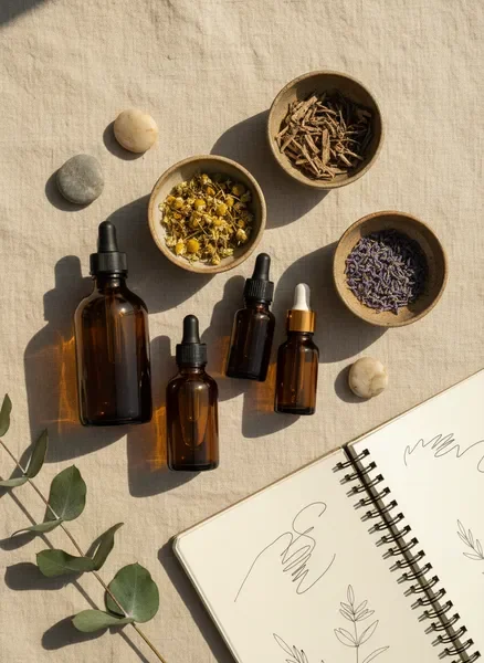 Natural remedy materials arranged in a clean apothecary setting with herbs, tinctures, and botanicals in warm sunlight