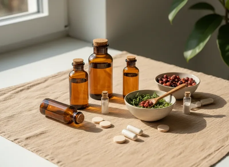 Natural daily vitality supplements and herbs on linen cloth